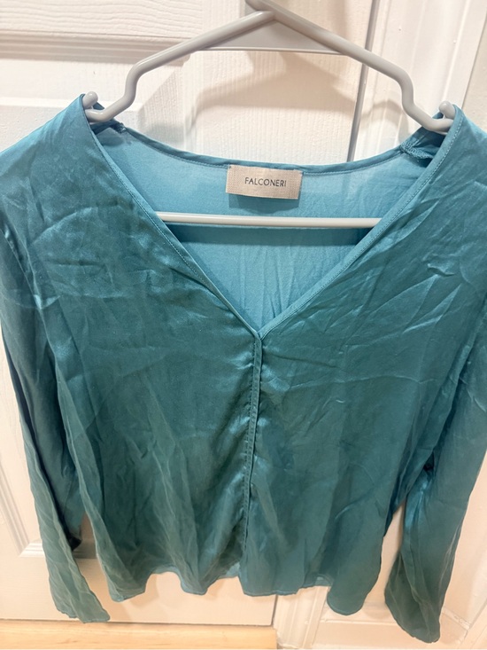 Falconeri Tops - Falconeri Teal V-Neck Long-Sleeve Women's SilkTop